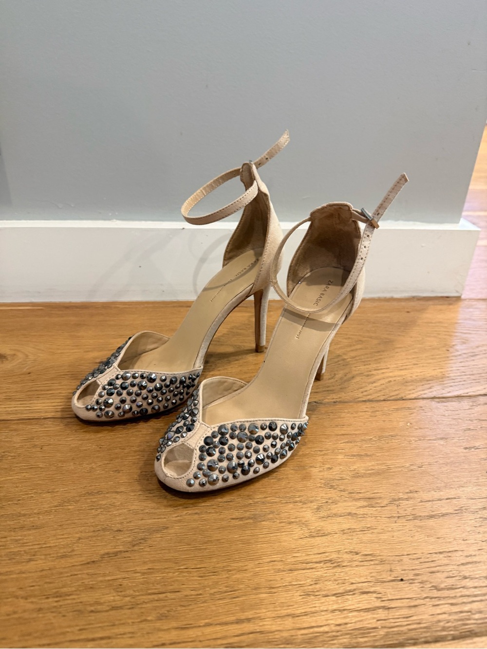 Zara Beige Studded Open-Toe Ankle-Strap Heels